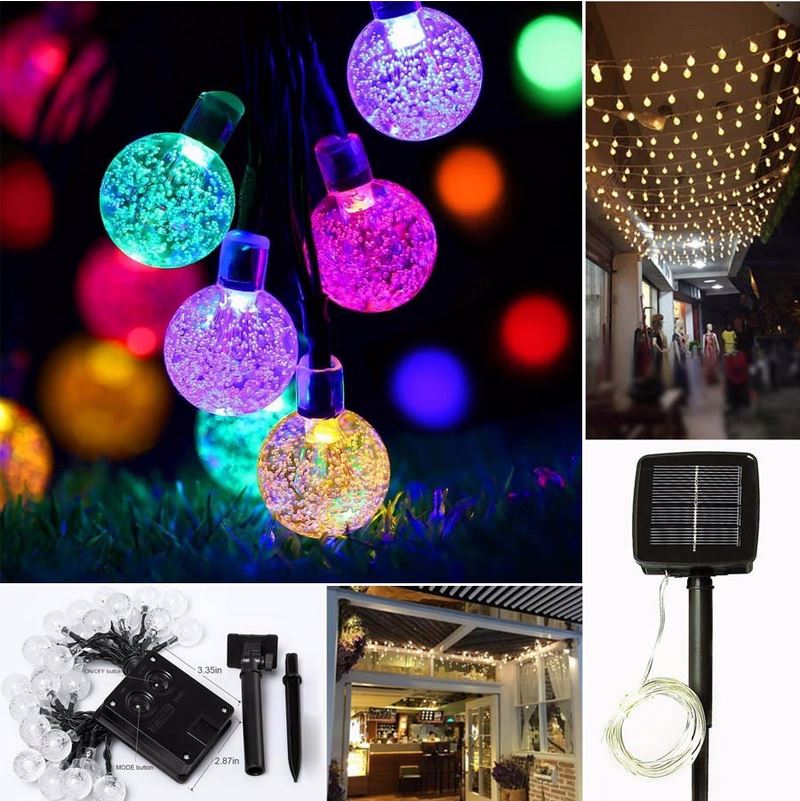 Solar LED Crystal Ball Style String Lights, 19.7' with 30 LED Crystal Ball Lights, 2 Mode Settings