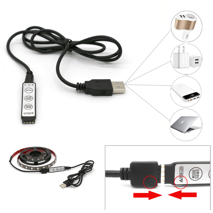 USB DC 5V 1M 5050 LED Strip RGB Light TV Back Lighting Kit + RF Remote Controller White Black Color RGB Strip IP20