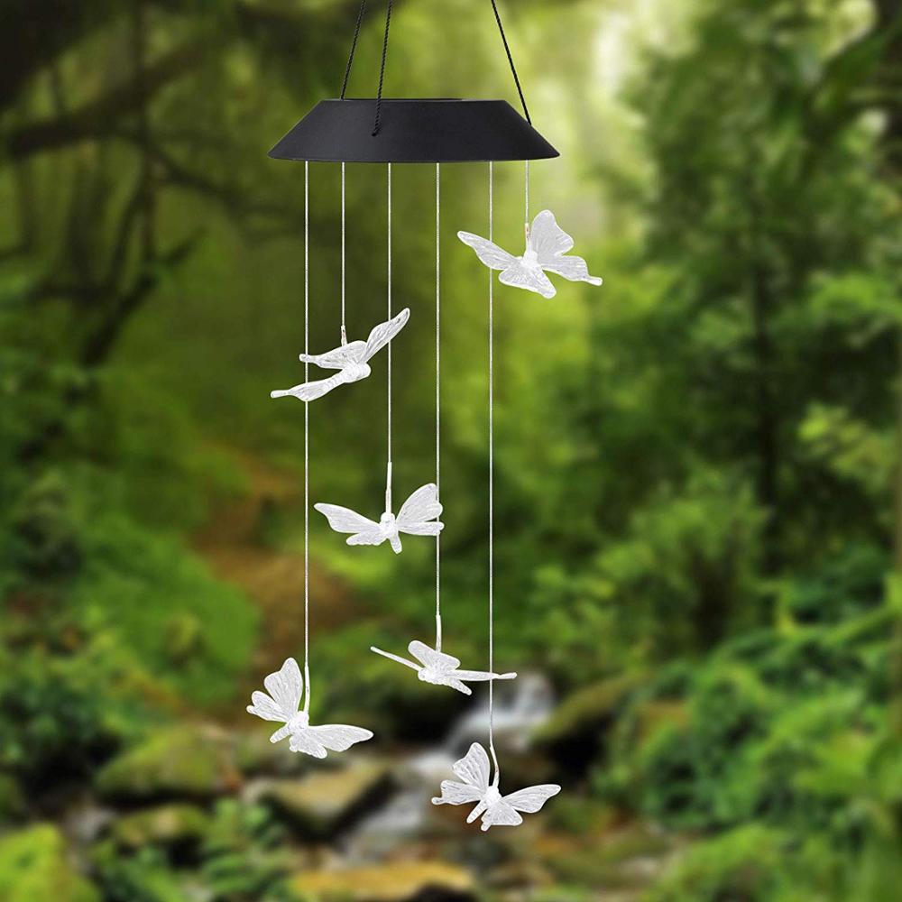 Outdoor Indoor Garden color changing Led butterfly Hanging Lamp Light Wind Chime Solar garden light