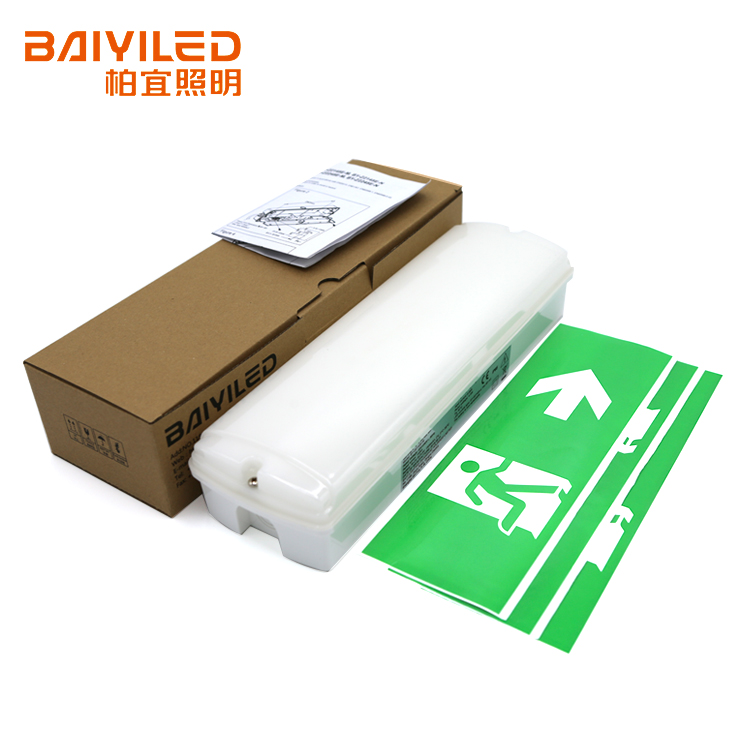 Factory high quality rechargeable battery pack led emergency exit sign light box warranty signs with lights two head running man
