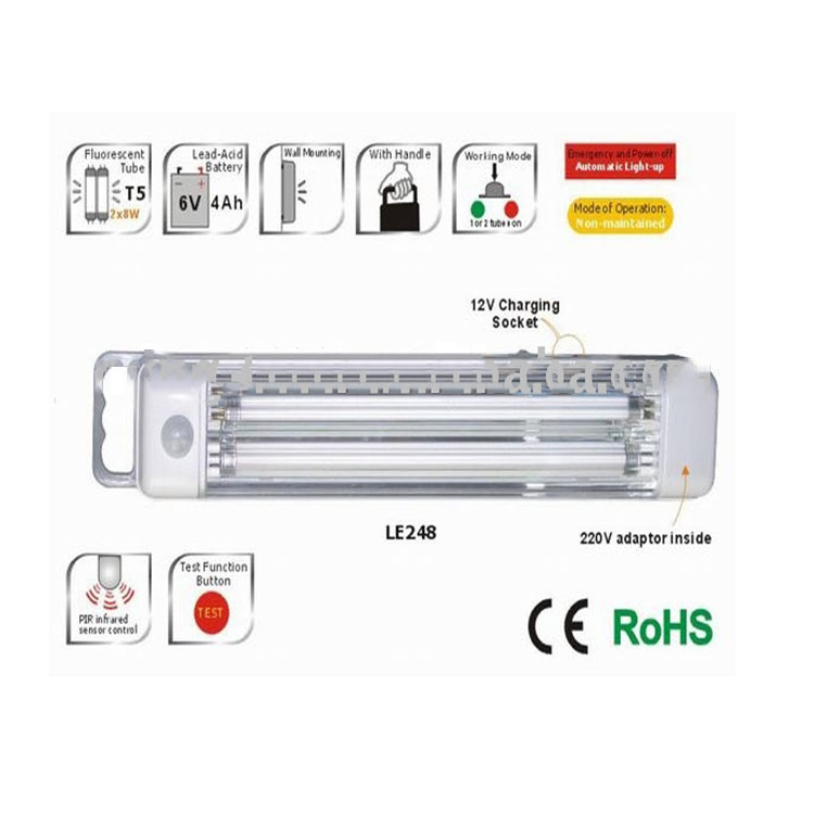 2x8W Tube PIR Sensor Rechargeable Emergency Light-LE248: automatic light on, energy saving, dual tubes, power failure