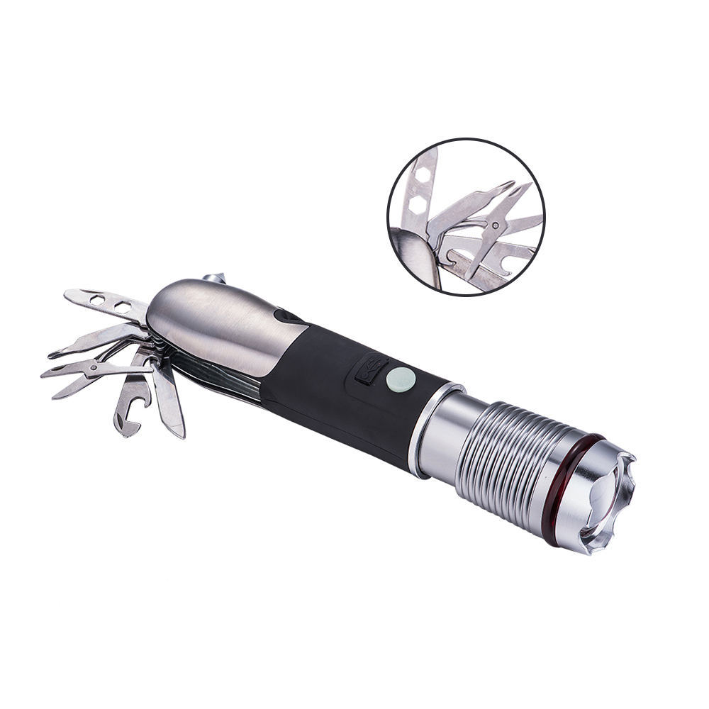 Aluminum Zoom Focus T6 LED Rechargeable Multi-tools Flashlight With Safety Hammer