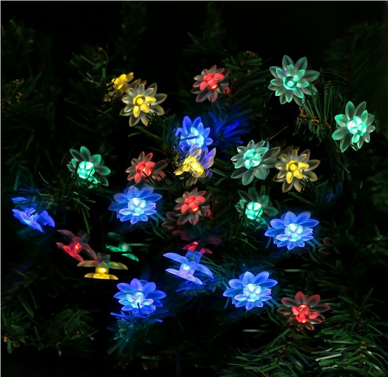 Solar Powered Outdoor String Lights 50 LED Lotus Flower 22.4ft Fairy Lighting for Garden Christmas Pink Color