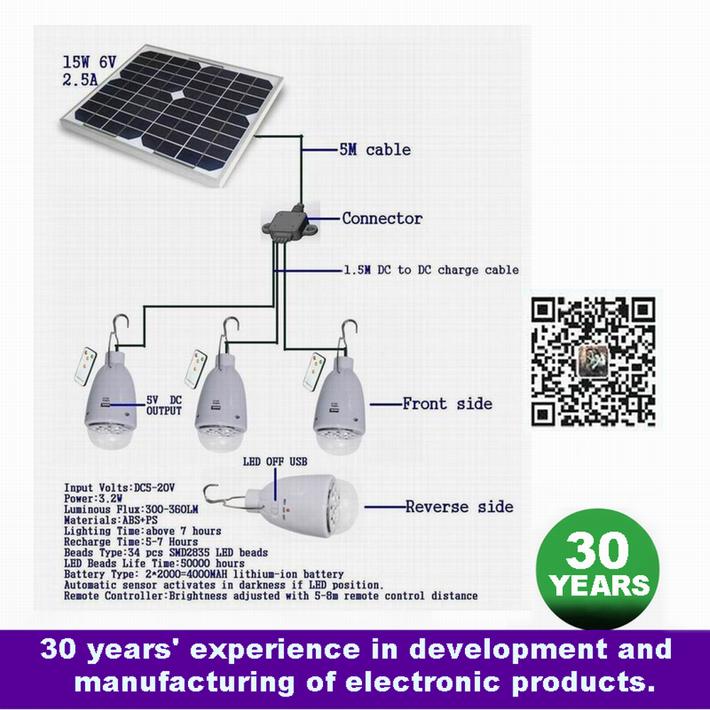 15W Solar energy system home kit lights bulb outdoor indoor for Indonesia Islands mountain desert prairie poverty alleviation