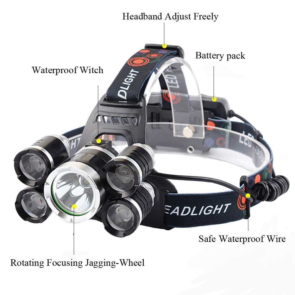 Super Bright 6000 Lumen Camping Headlamp 5 LED Waterproof Rechargeable LED Headlamp