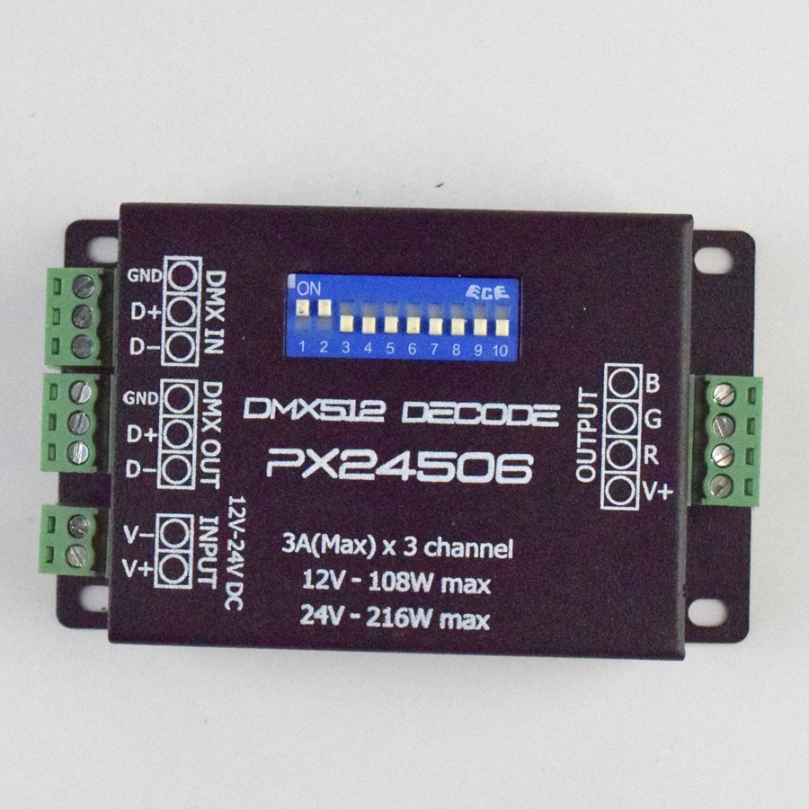 2019 hight quality DC12V-24V 3 channels 3A RGB LED DMX512 decoder PX24506