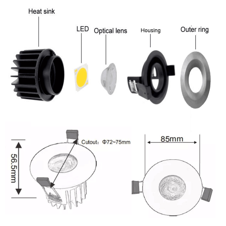 IP65 8w700lm interchangeable bezels cob led fire rated downlight