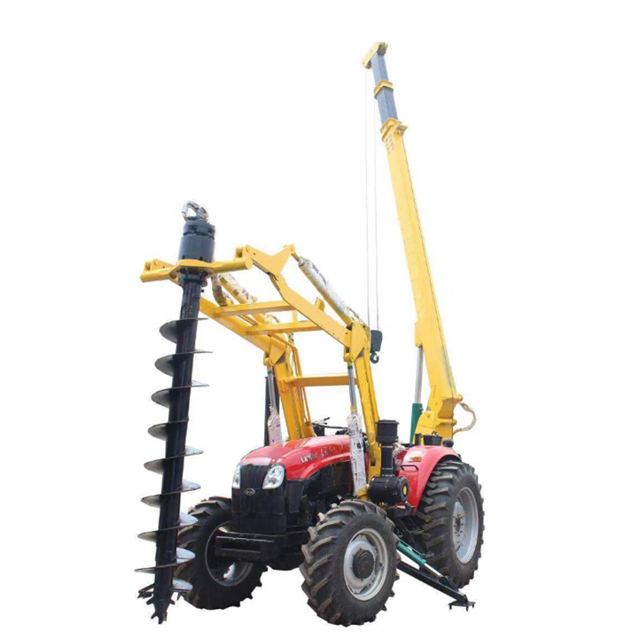 Solar panel support piling and digging machine with full hydraulic system with tractor and crane