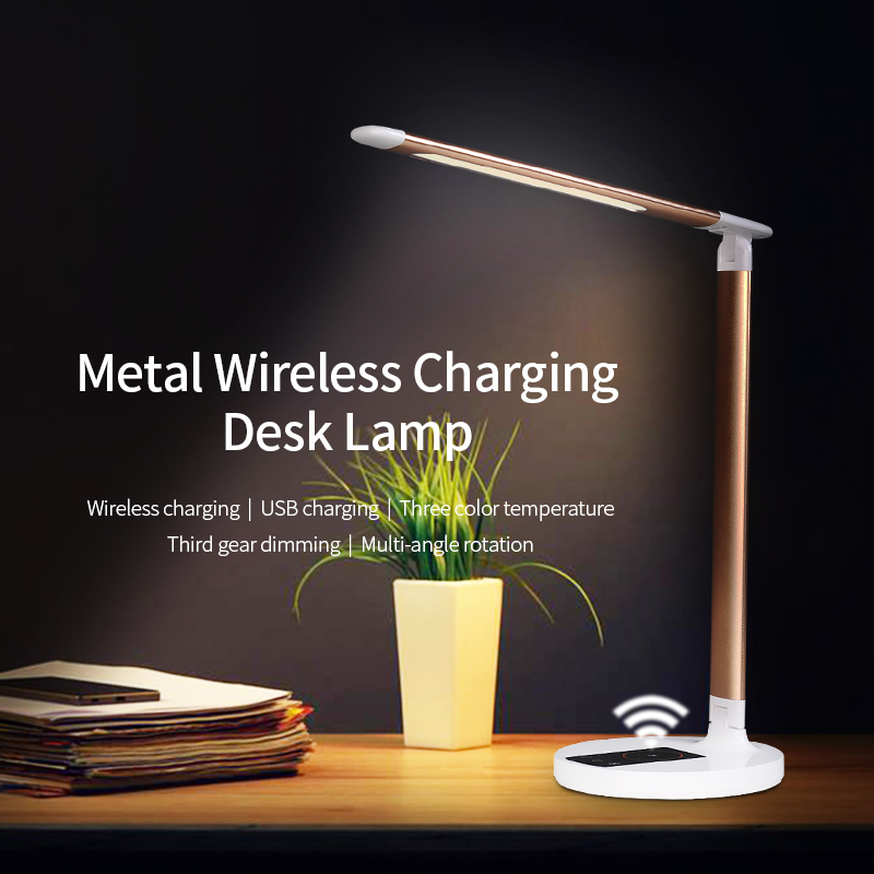 Portable fold reading light lamps 5w luxury dimmable led eye protection table lamp with wireless charging