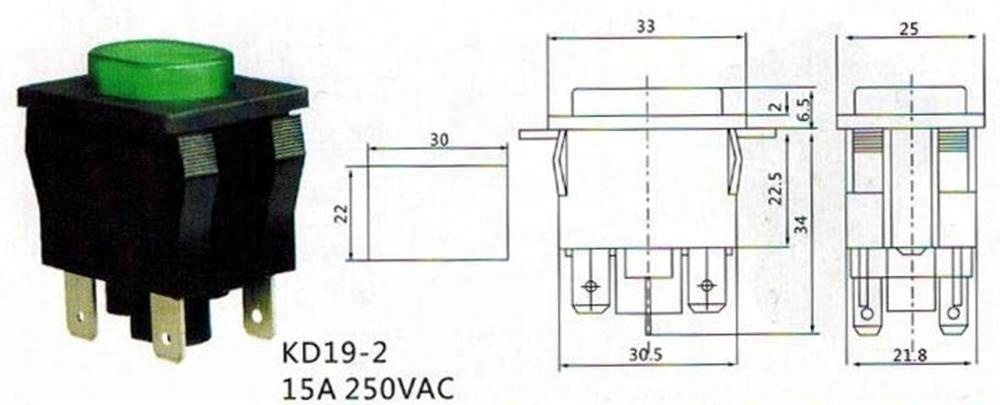 PBS-108 KD19-2 15A 250VAC 4 pin green push button switch