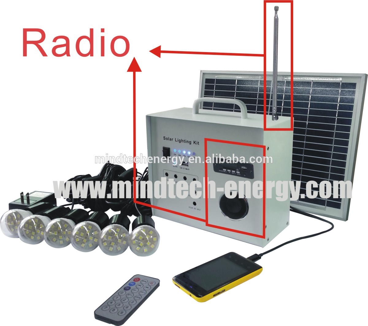 10W solar mini radio energy system with led bulbs