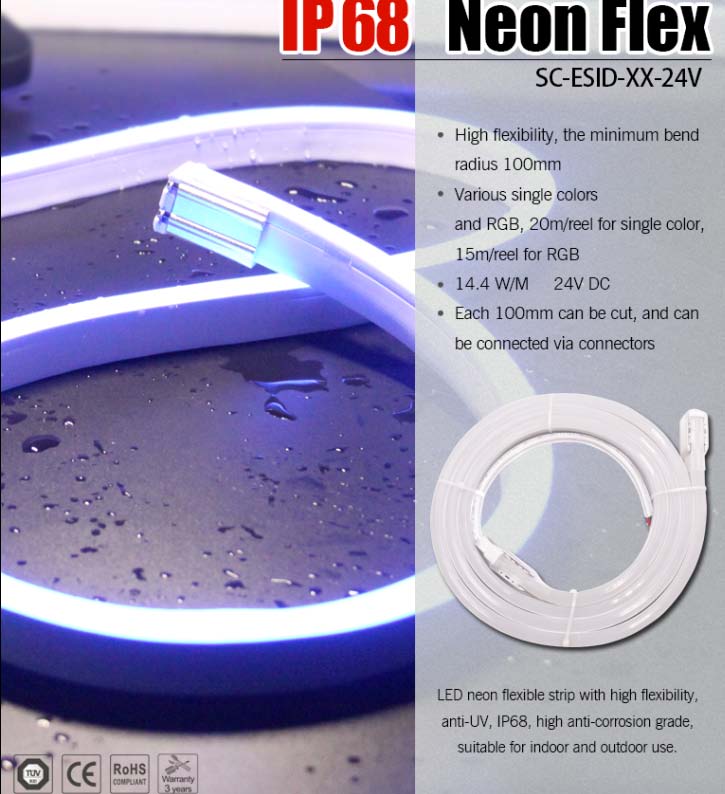 IP68 Rgb Neon Flexible 14.4w/m Led Strip Light with 3 years warranty