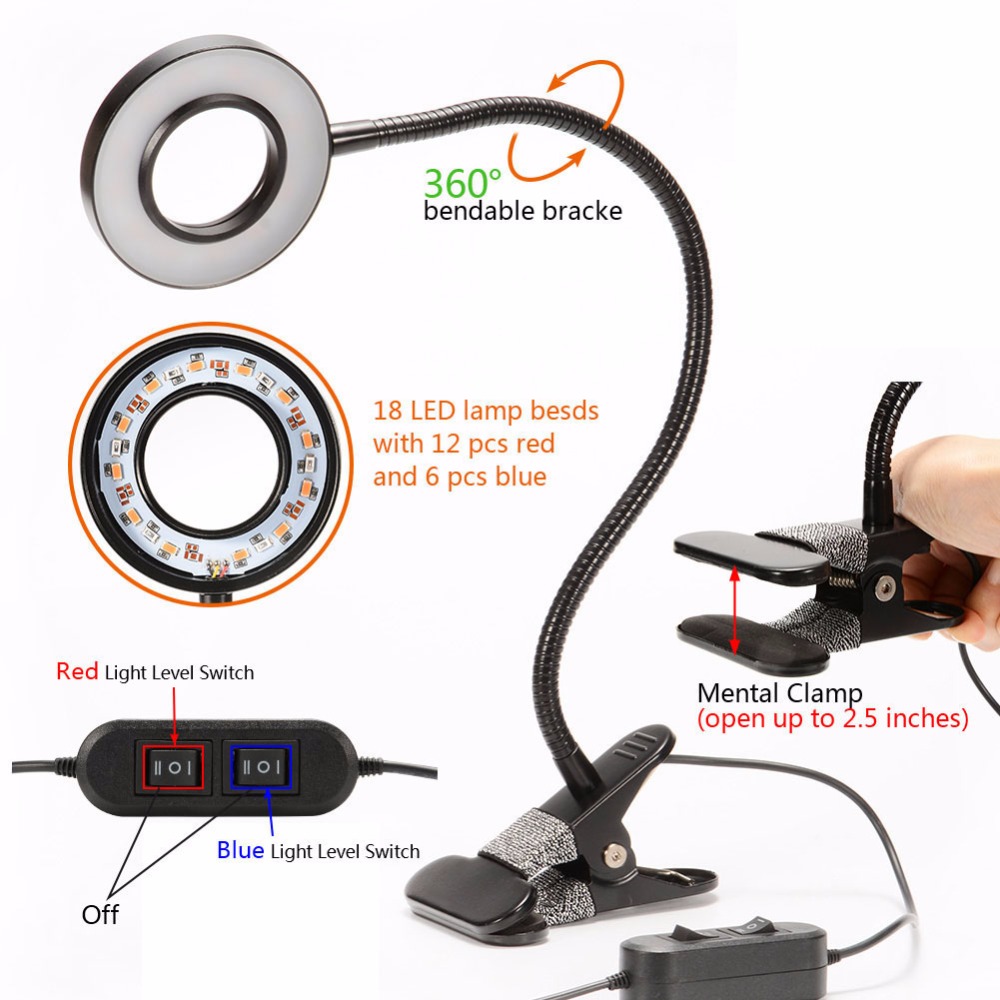 10W Adjustable 3 Modes Blue / Red Dimmable 2 Levels Desk Lights Lamp Clip Indoor Plants Hydroponic Greenhouse LED Grow Light