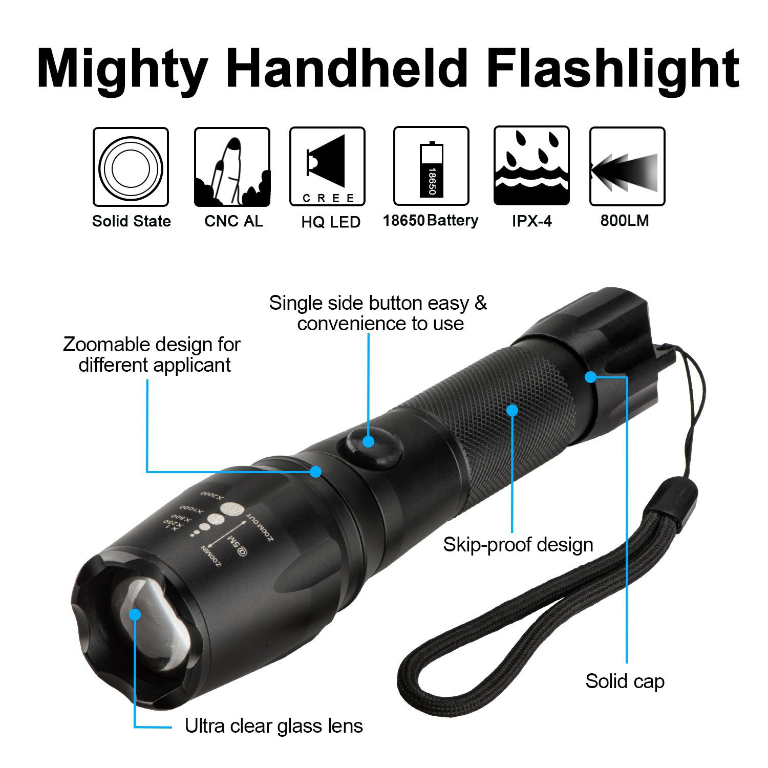 Aluminum T6 LED 1000 Lumen Tactical Flashlight with Middle Switch