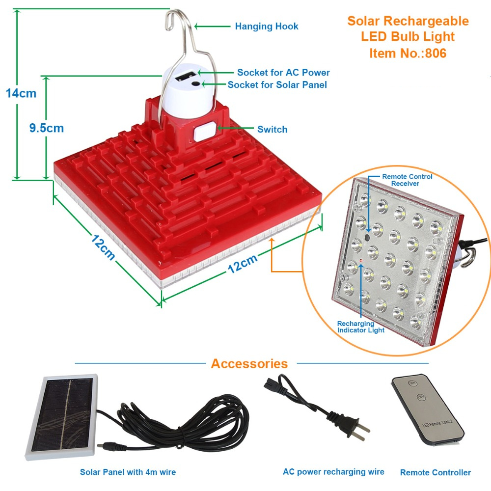 GG-807 solar panel rechargable led emergency camping bulb lamp with remote control