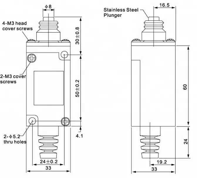 HL5100, 5a 250vac 1NC 1NO push plunger type optical limit switches