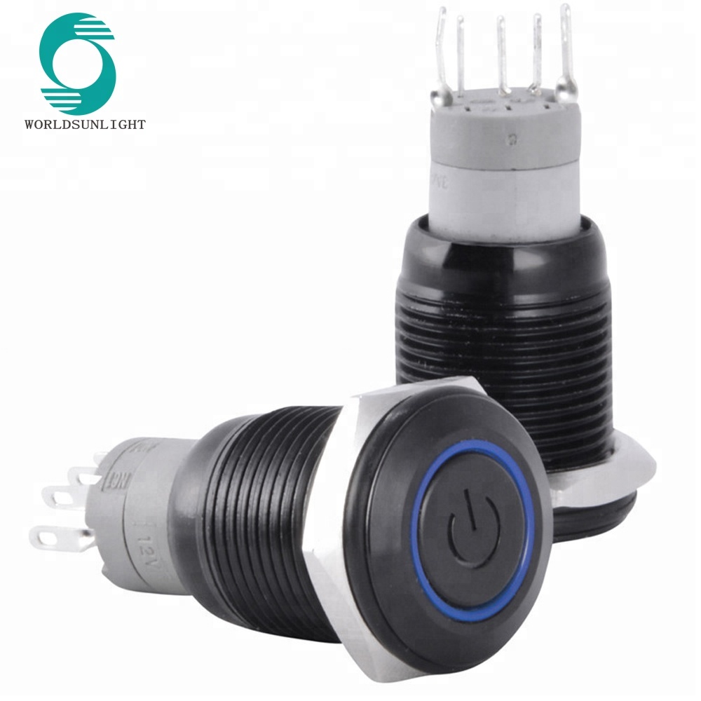 16mm ON-OFF 12V Blue Symbol&Ring LED Black Metal Latching Push Button Switch