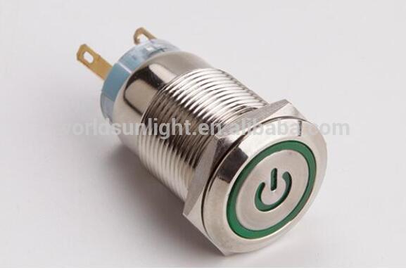 19mm 12 volt green led illuminated momentary power symbol metal push button reset switch