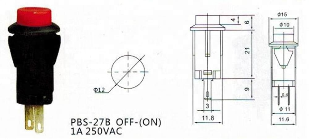 PBS-27B 12mm OFF-(ON) push on type Embedded red round push button switch