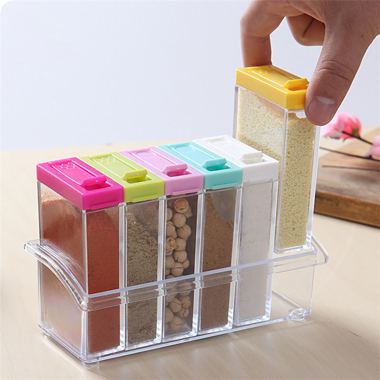 Hot Sale Transparent Seasoning Box Set Salt Pepper Jars Box Kitchen Spice Storage Bottles with Colorful Lid