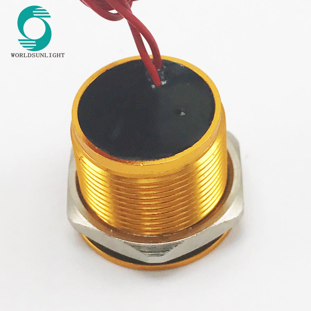 WS165F1NOM IP68 16mm gold anodized Flat operator Flyingleads 200mA 24VAC/DC Normally open Momentary piezo switch