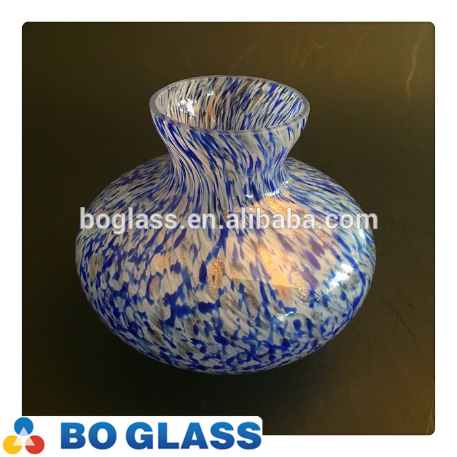 Handmade home decor blown blue glass vase with dots