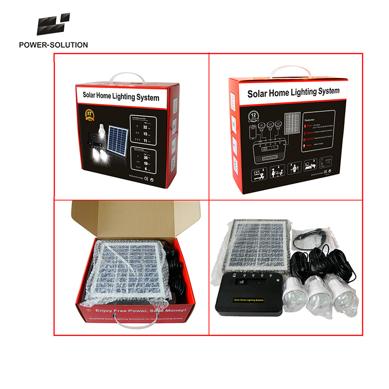 Portable 4W Solar Lighting system for home lighting with three led bulbs and phone charging