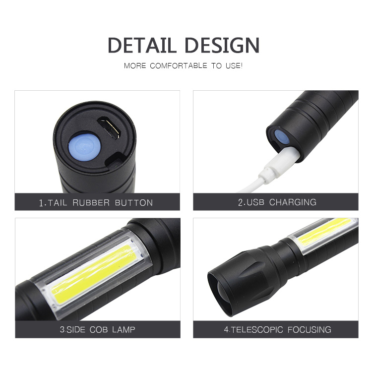 Aluminum Small Torch USB Mini COB LED Flashlight With Zoom