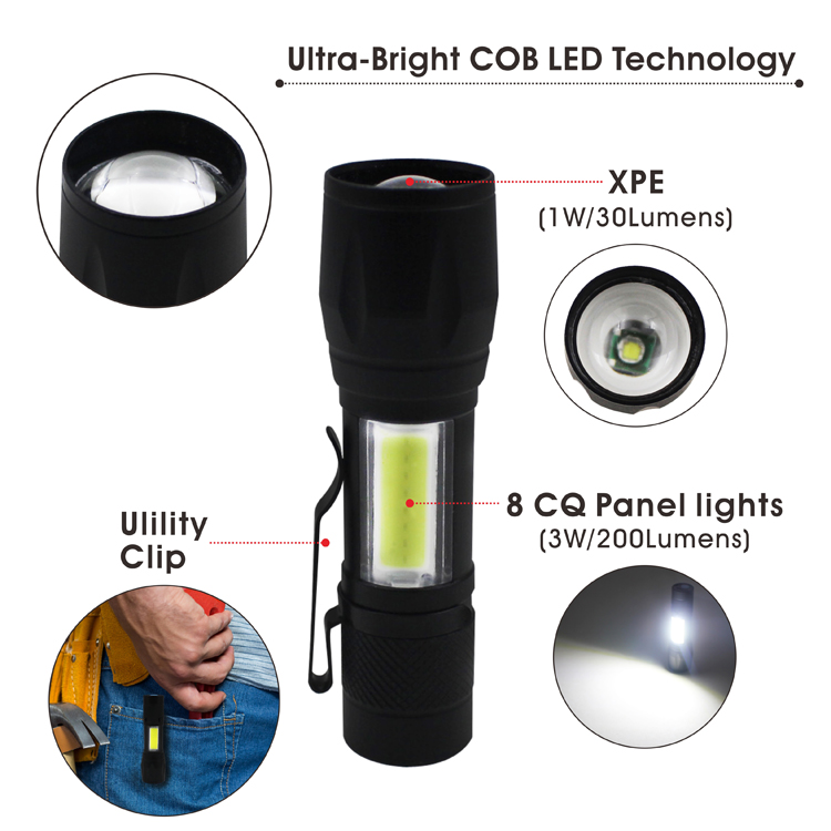 Aluminum Alloy Material Ultra-Bright COB LED Zoomable Rechargeable Flashlight