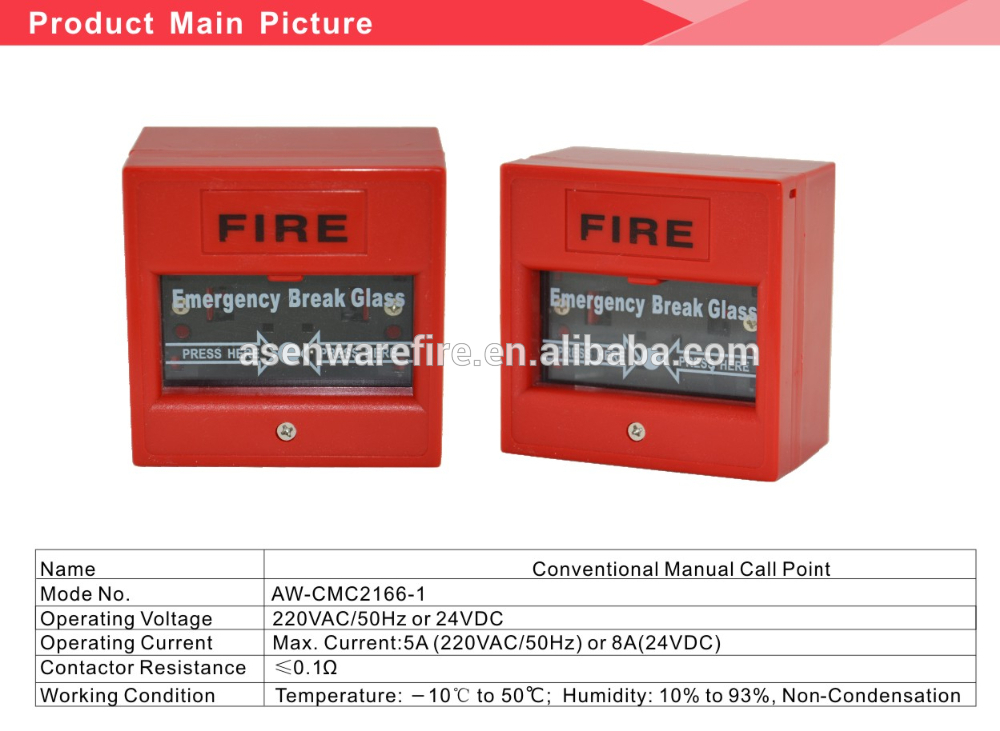 Red Color 24V Break Glass Manual Fire Alarm Call Point