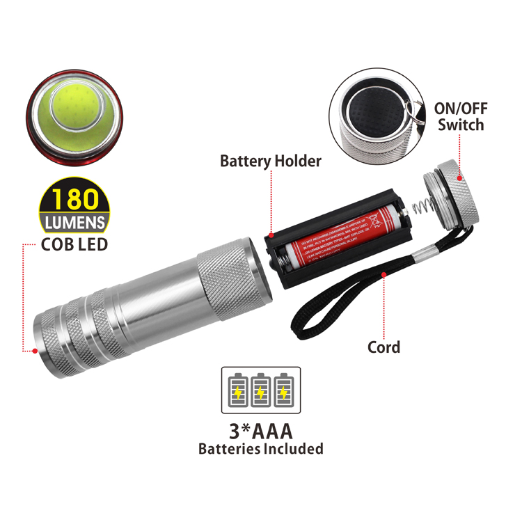 Batteries Included 180 Lumens Super Bright Cob Led Flashlight