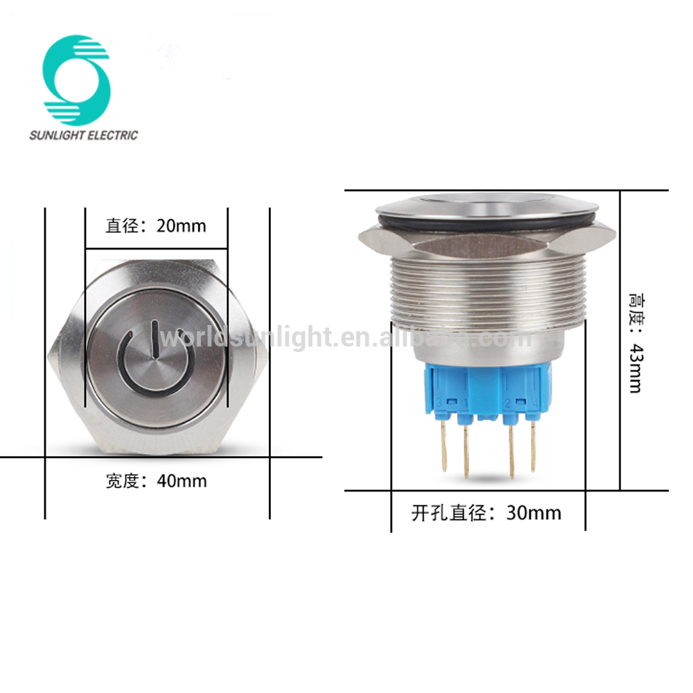 30mm 12 volt ring illuminated momentary stainless steel push button switch