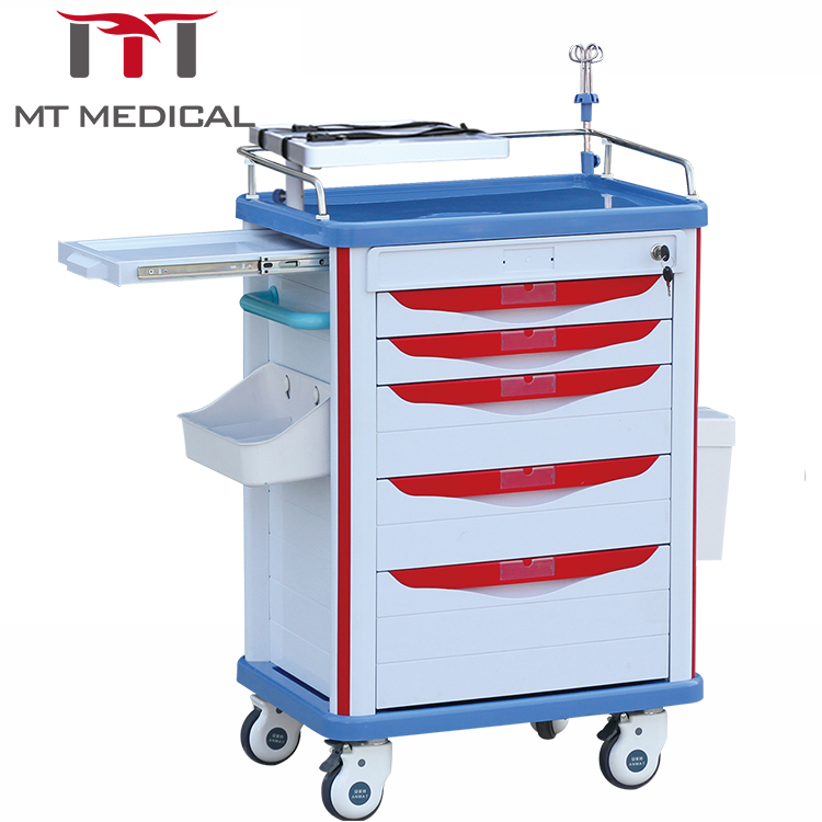 Mobile emergency trolley with five drawers