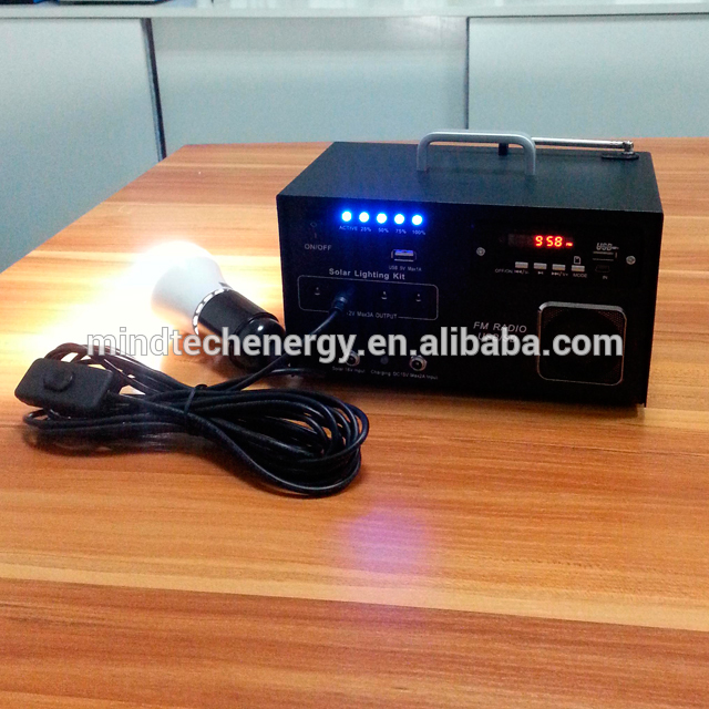 Portable 12v 10w mini solar lighting system with mobile charger FM radio