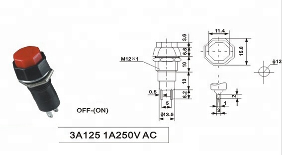 PBS-14A 12mm thread diameter AC 250V 1A ON-OFF latching Octagon Push Button Switch