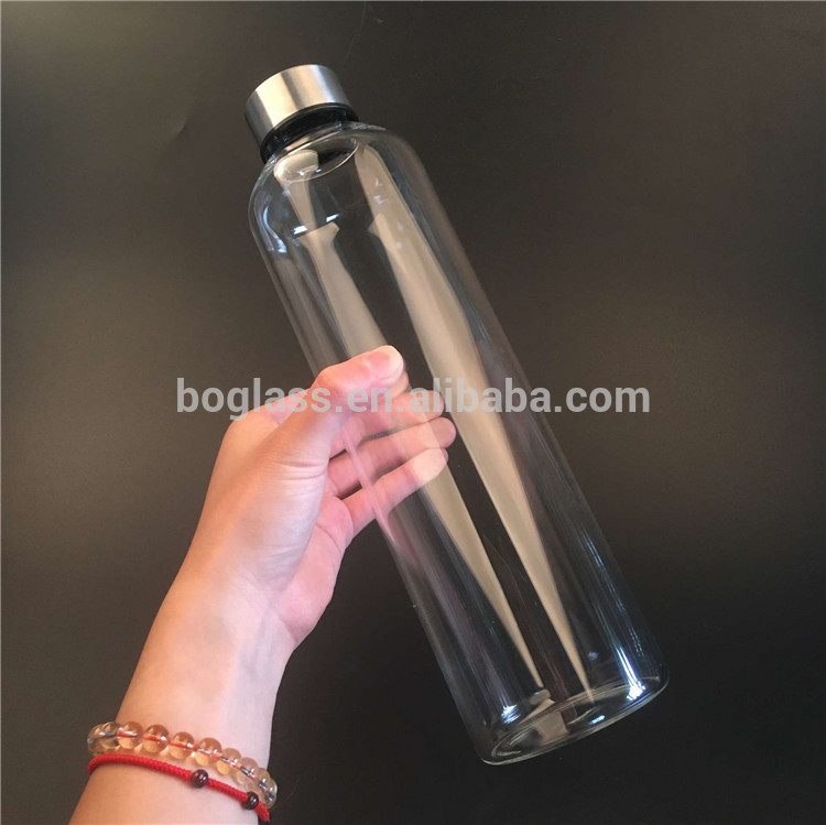 1L High borosilicate glass single wall water bottle with stainless steel caps