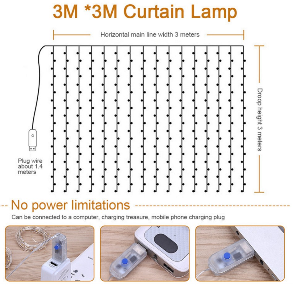 Decorative Lamp, 3m*1m 3m*2m 3m*3m LED Curtain Light with Remote Controller, Coopery Wire or Nylon Wire with Hook