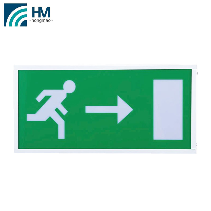 Red board white text running man emergency exit sign light