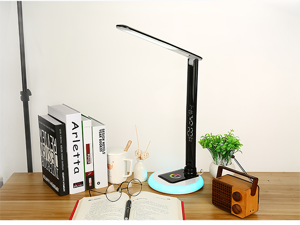 Get free sample usb desk lamp led dimmable touch 3 level folding rotation rgb table light with calendar temperature alarm clock