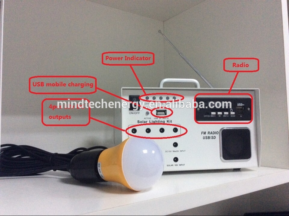 indoor 12v dc 10w solar powered lighting with mobile charger with FM radio