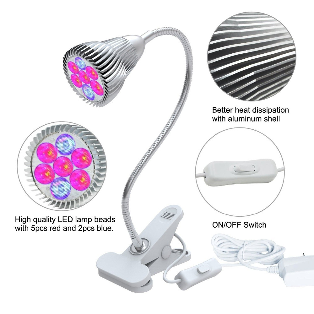 LED Plant Grow Light 7W Desk Grow Lamp with Spring Clamp and Gooseneck