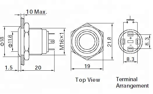 Diameter 16mm DC 3V Blue Illuminated LED Metal Momentary Short Body Push Button Switch