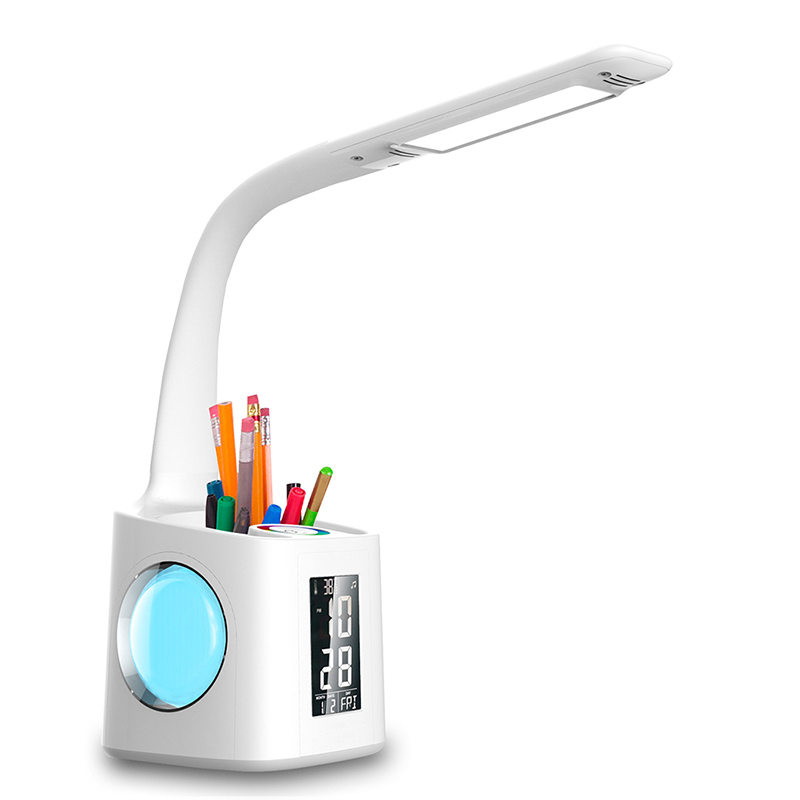 Amazon hot sale modern battery rechargeable pen holder led light desk lamp with clock calendar rgb night light for kids study