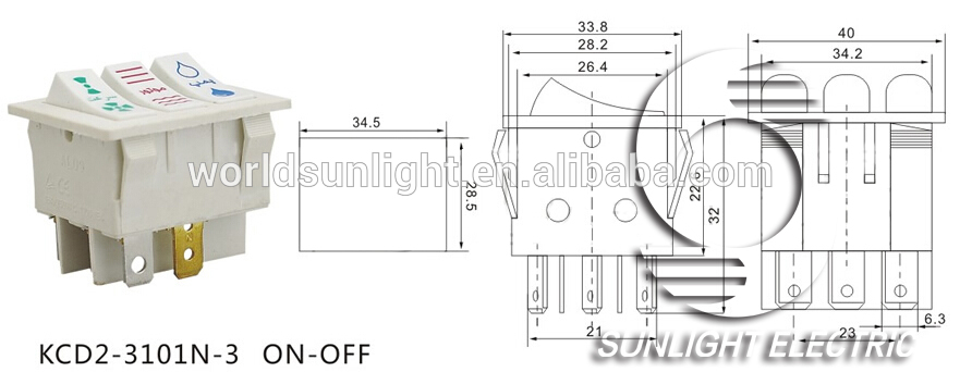 Sunlight KCD2-3101N-3 on-off white housing 3 way 3 poles boat rocker switch