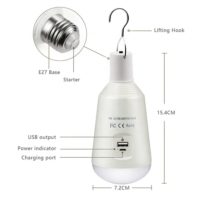 lithium battery operated led light AC100-240V DC5V 7 watt E27 outdoor portable led solar emergency bulb