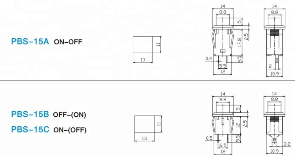 PBS-15C 13*11mm (off)-on rectangular push button reset switch