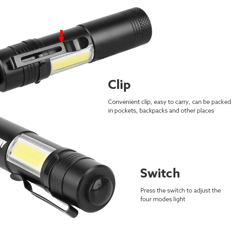 500LM zoom led pen flashlight side COB flashlight with pen clip