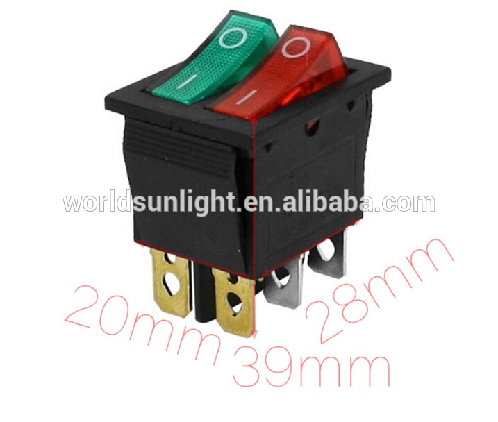 Mount Hole 20mm x 28mm Double Red Green Light Lamp 6 Pins SPST ON OFF Snap in Boat Rocker Switch