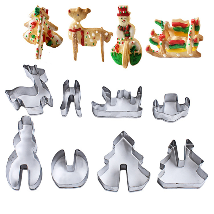 Set of 8 Christmas Stainless Steel Cookie Cutters 3D Stereo Cookies Printed Cake Mold Baking Tools