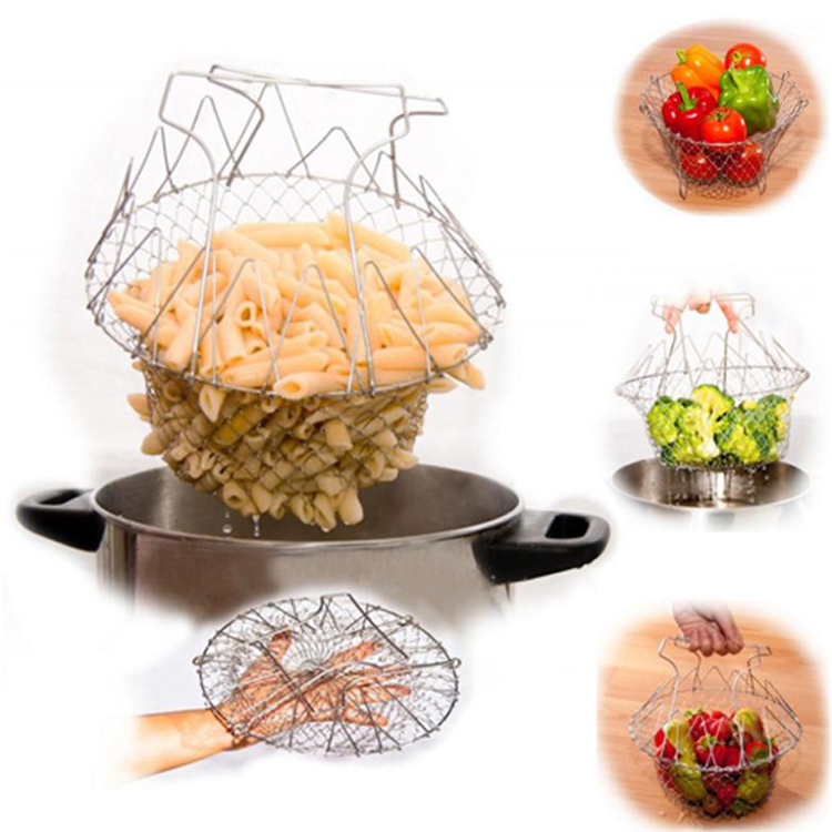 Foldable Steam Rinse Deep Fry Chef Basket Stainless Steel Magic Basket Mesh Basket Strainer Net Kitchen Cooking Tool